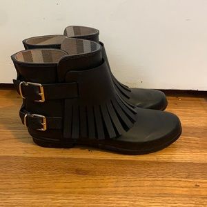 Authentic Burberry Rain Boots with Fringe & Gold Buckles